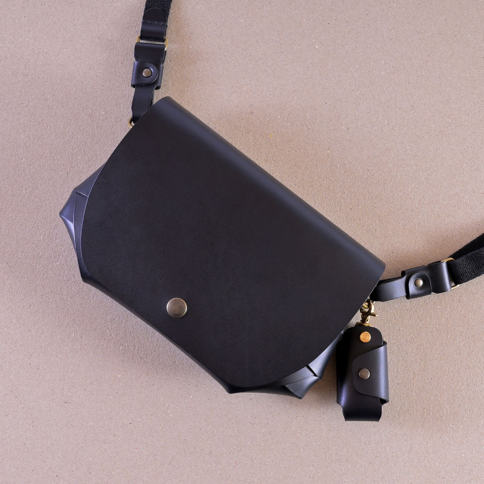Nitmoi Black leather Key Holder, attached to the Nitmoi Ava leather Crossbody Bag