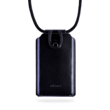 A black leather phone bag from Nitmoi, with adjustable cord and a cord closure to keep a phone safe.