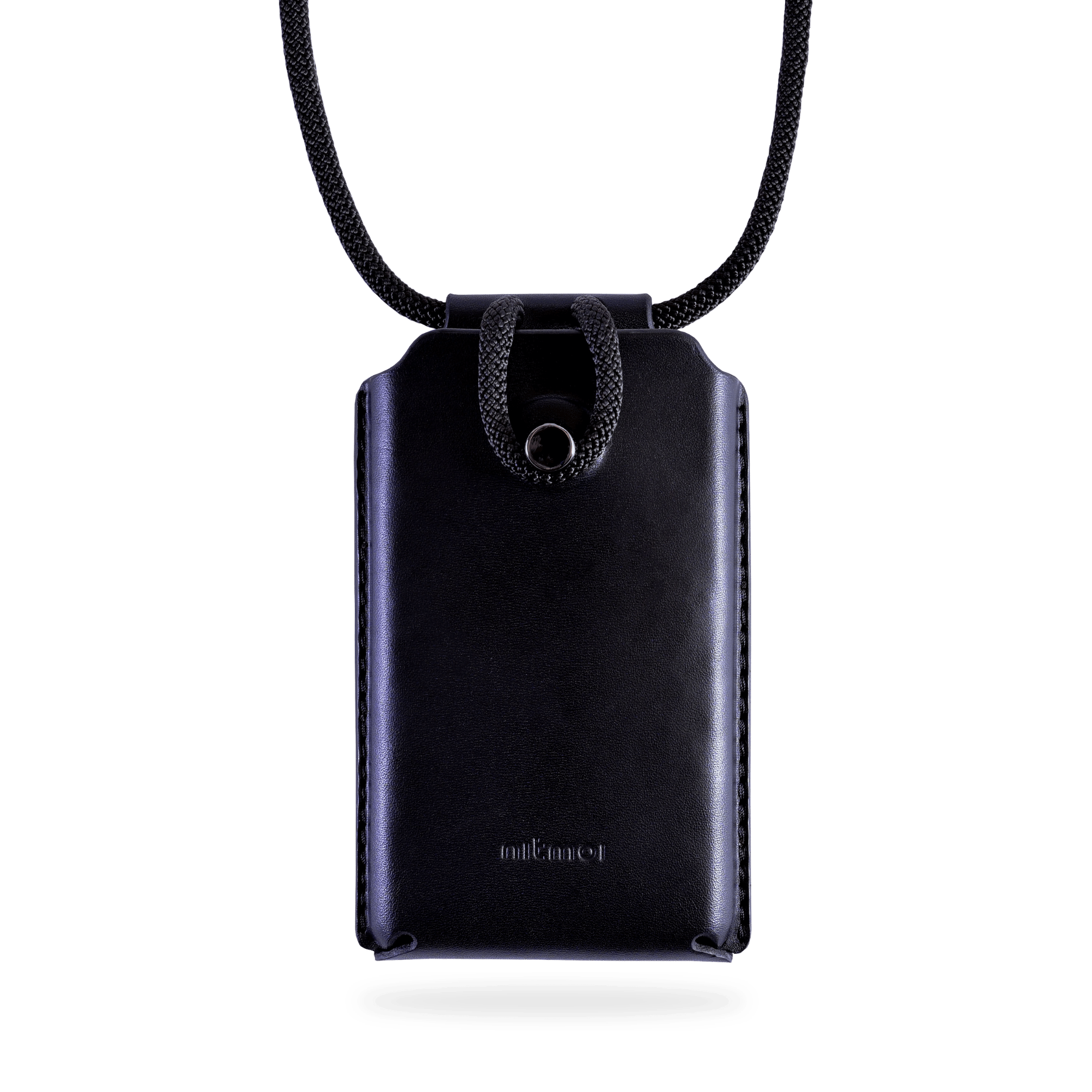 A black leather phone bag from Nitmoi, with adjustable cord and a cord closure to keep a phone safe.